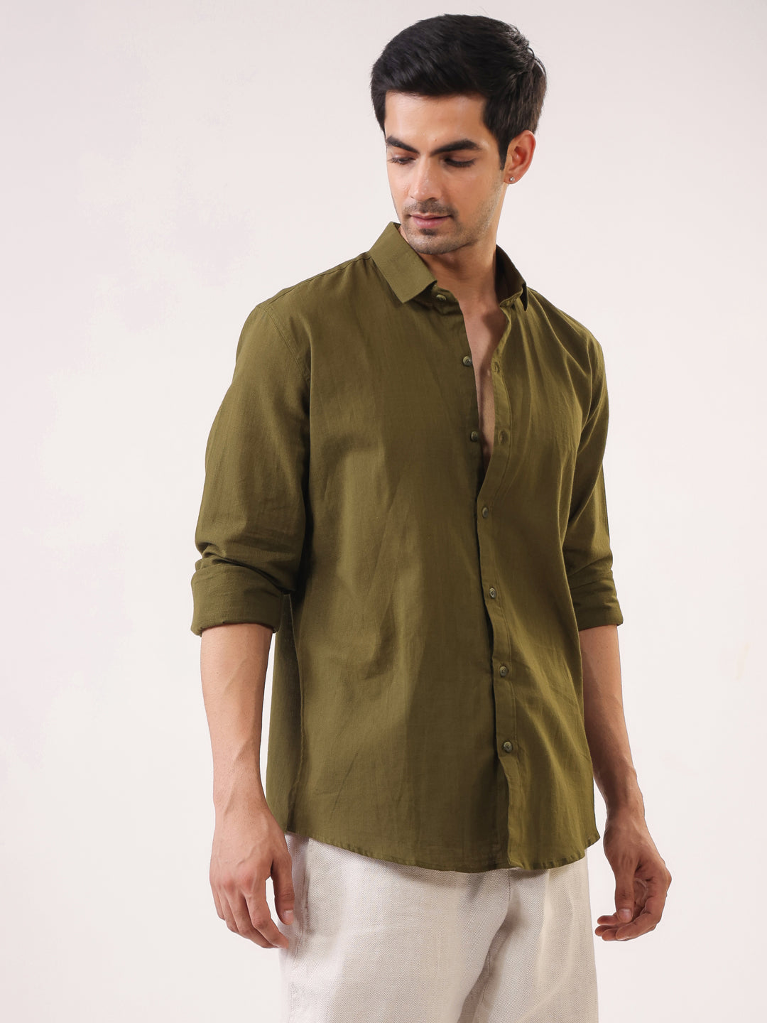 Men Olive Solid Band Collar Relaxed Fit Cotton Shirt
