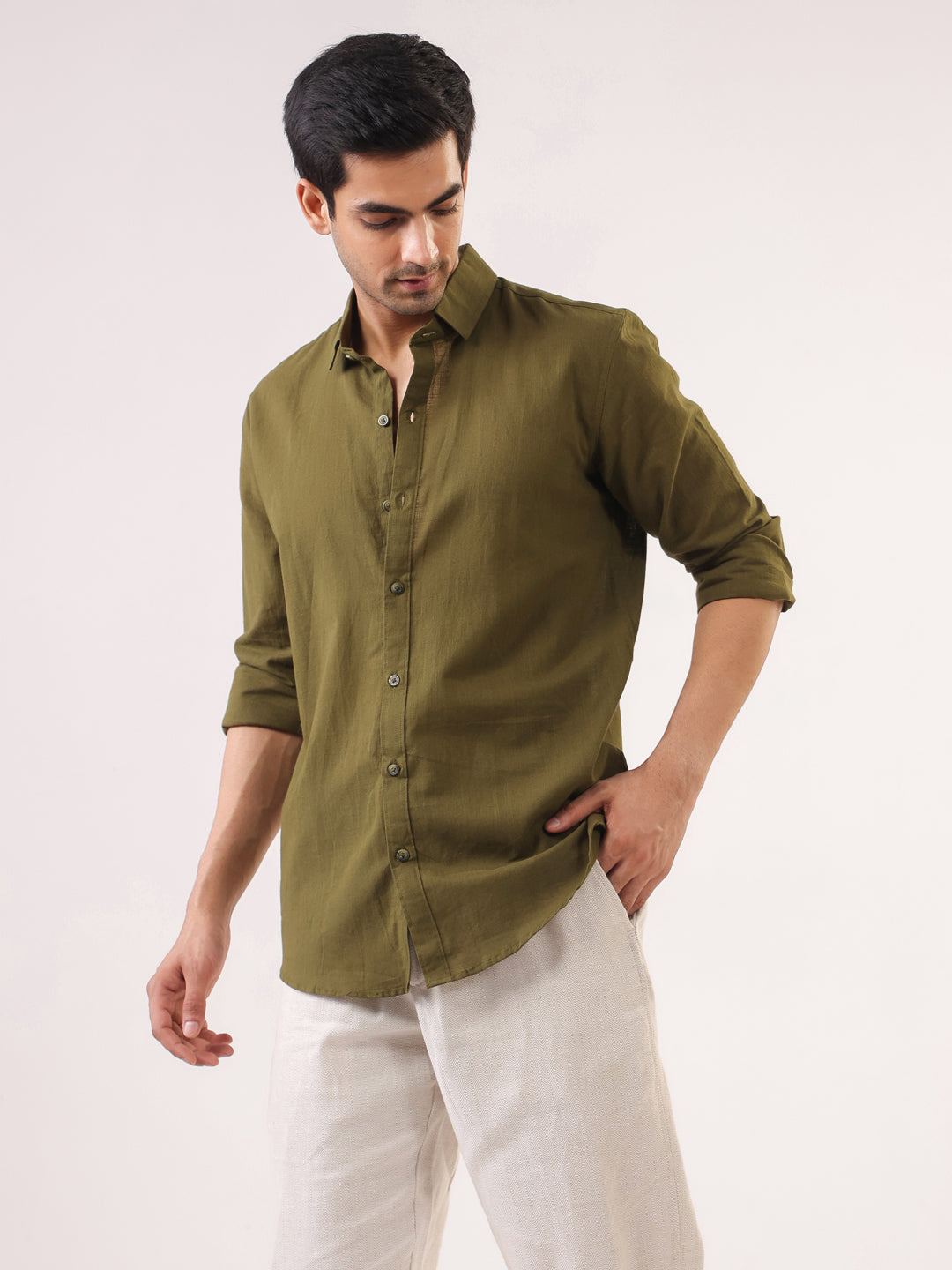Men Olive Solid Band Collar Relaxed Fit Cotton Shirt