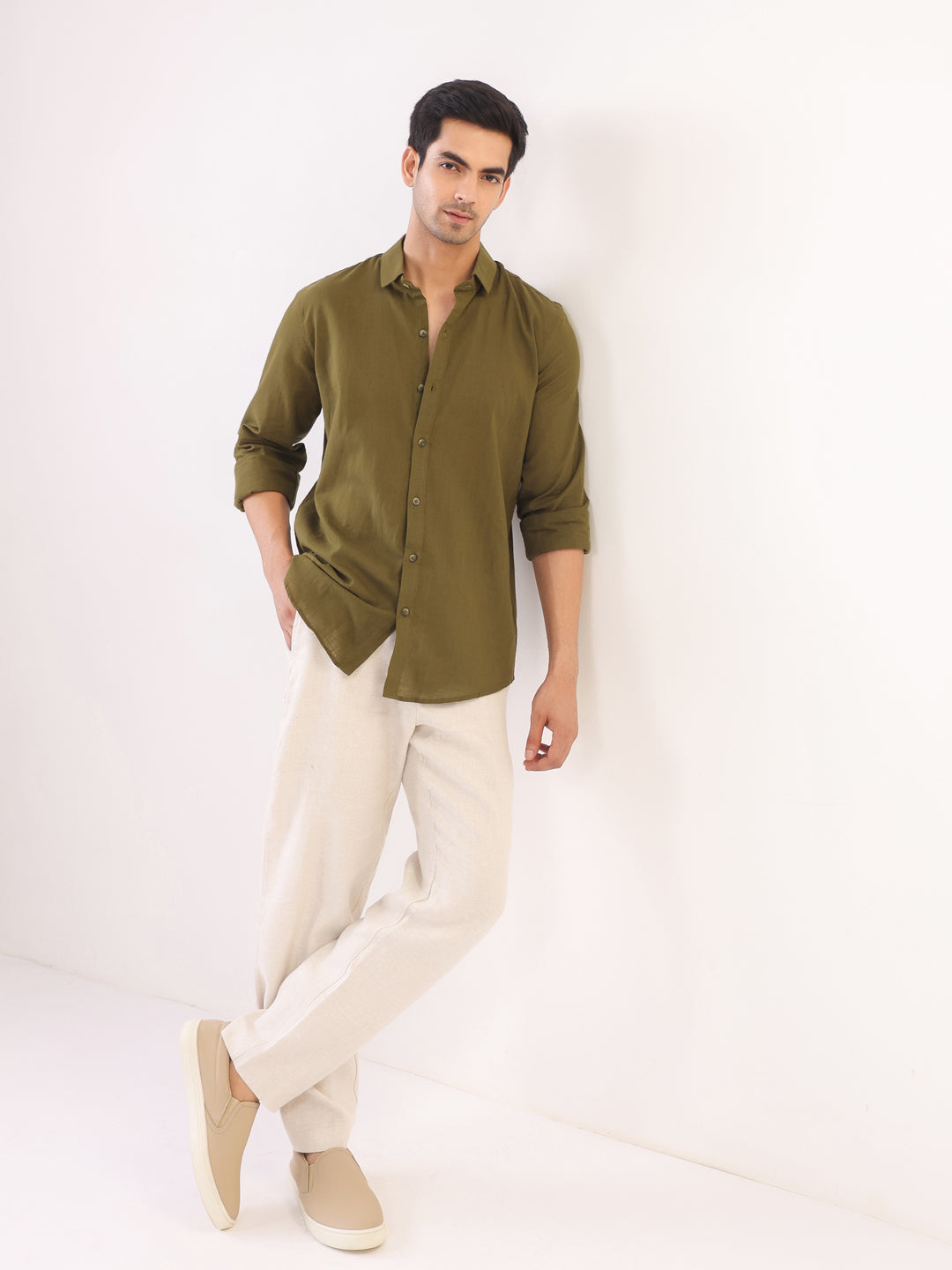 Men Olive Solid Band Collar Relaxed Fit Cotton Shirt