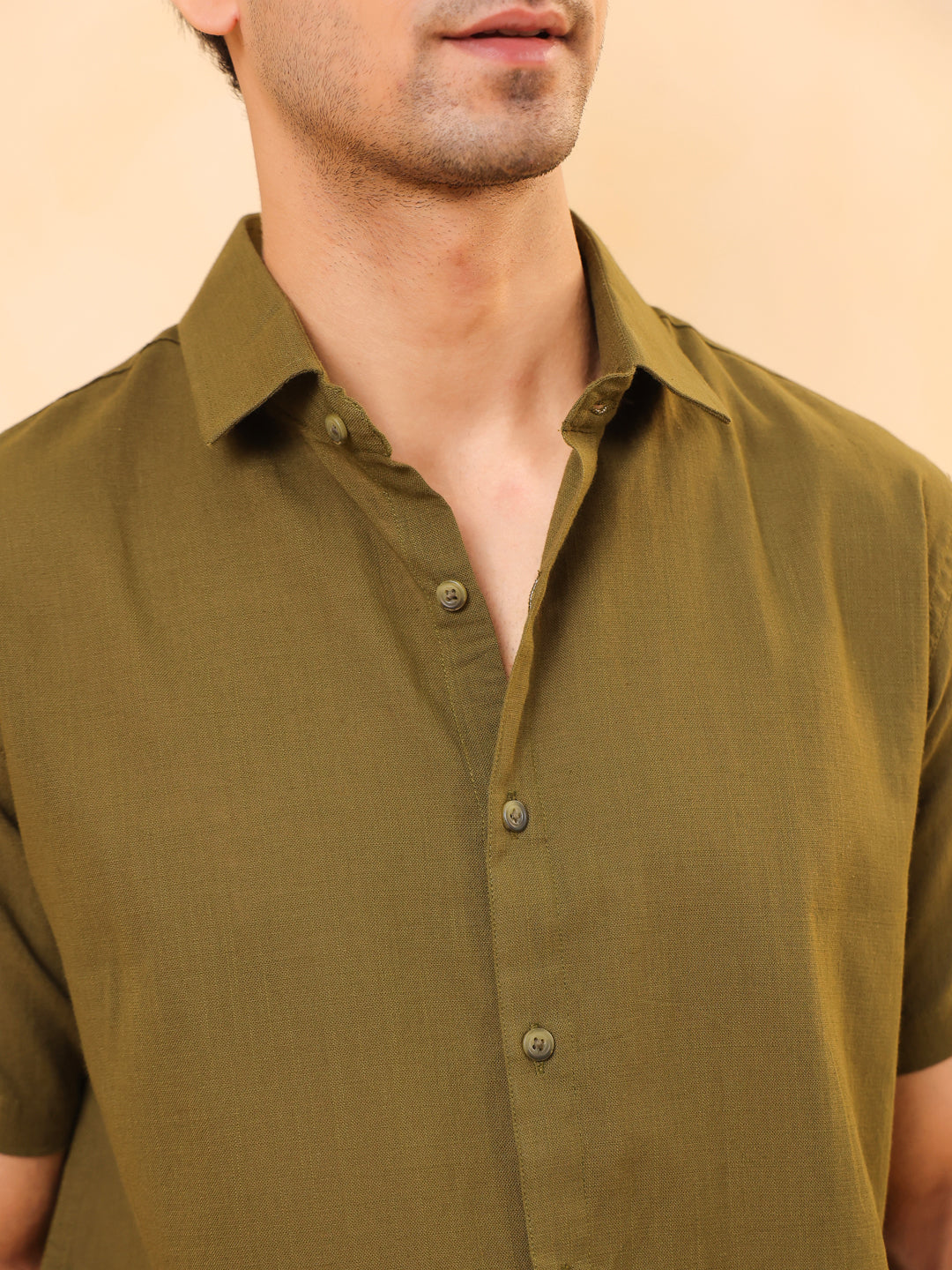 Men Olive Cuban Collar Solid Regular Fit Cotton Shirt