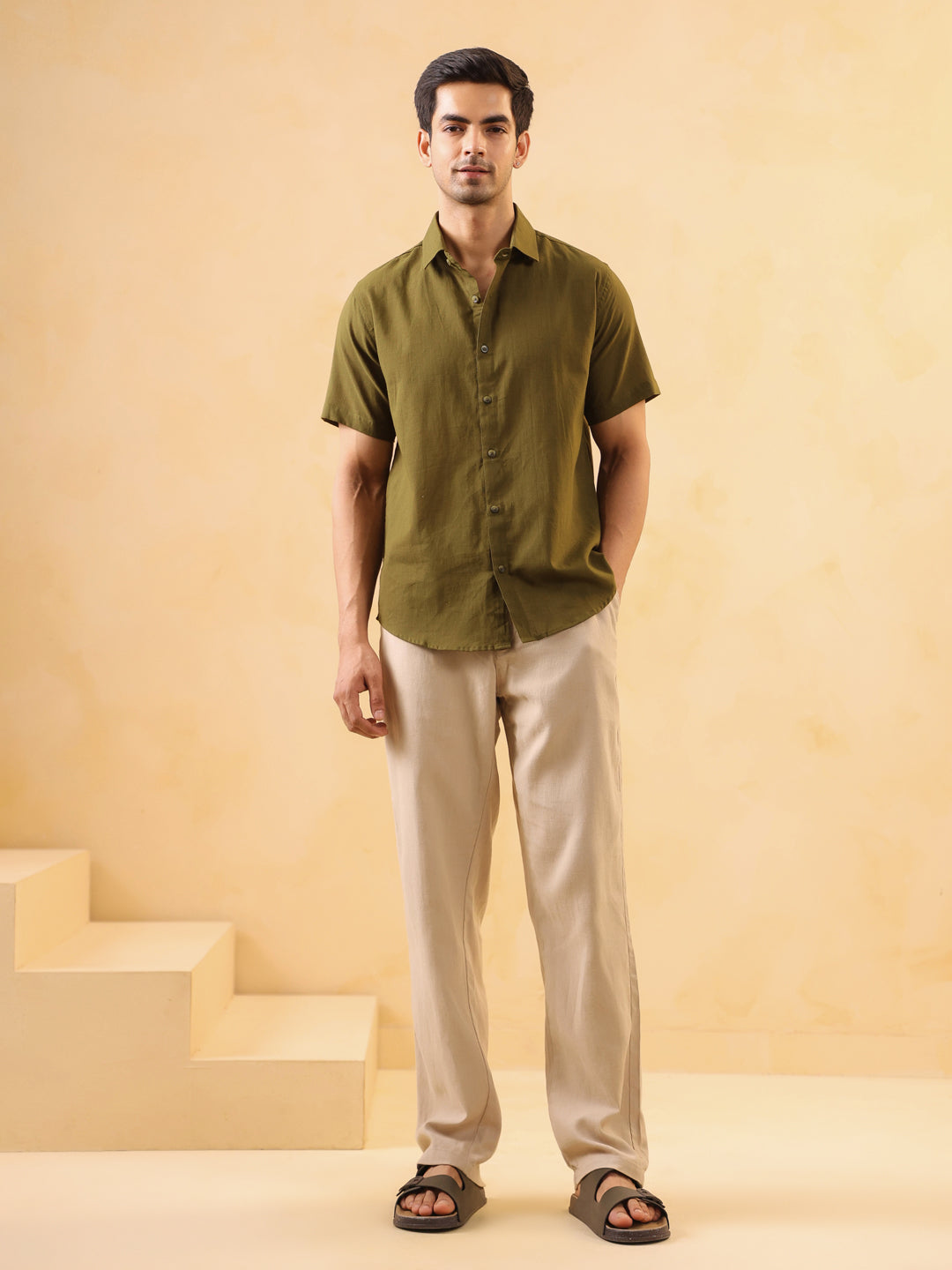 Men Olive Cuban Collar Solid Regular Fit Cotton Shirt