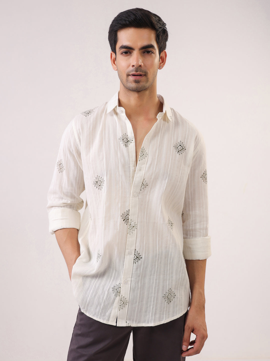 Men White Printed Band Collar Relaxed Fit Cotton Shirt