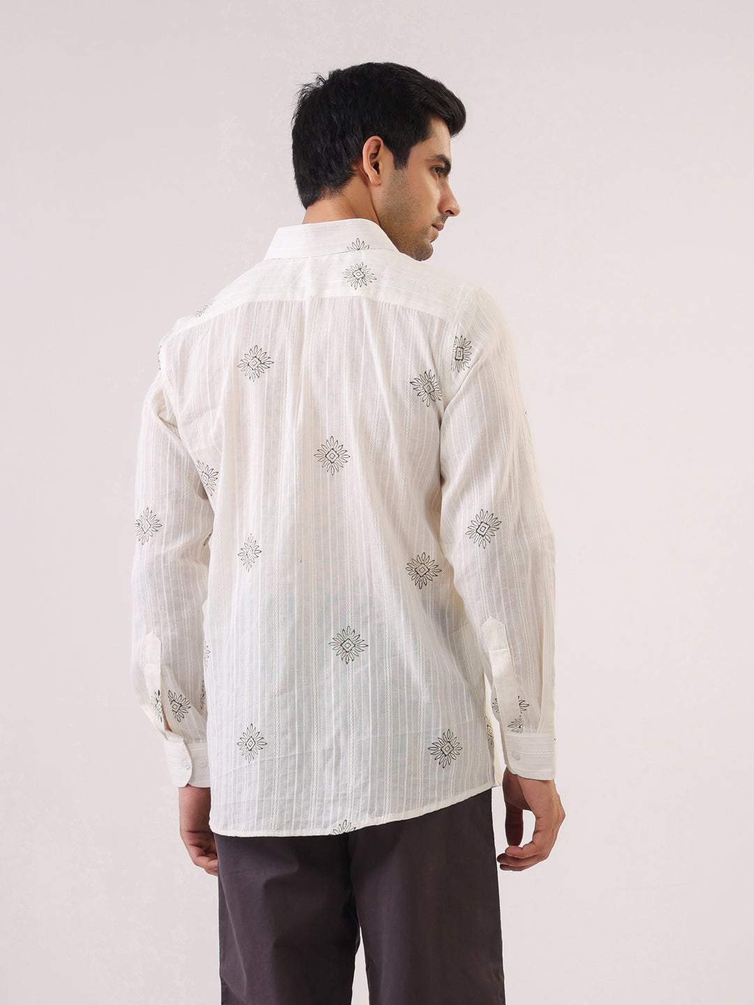 Men White Printed Band Collar Relaxed Fit Cotton Shirt