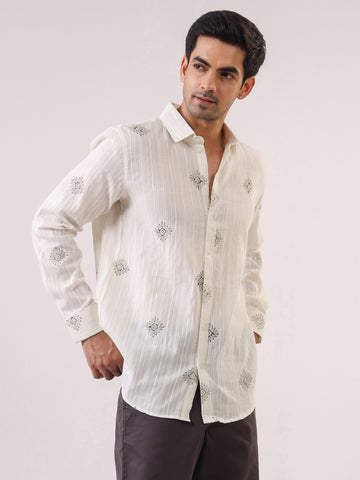 Men White Printed Band Collar Relaxed Fit Cotton Shirt