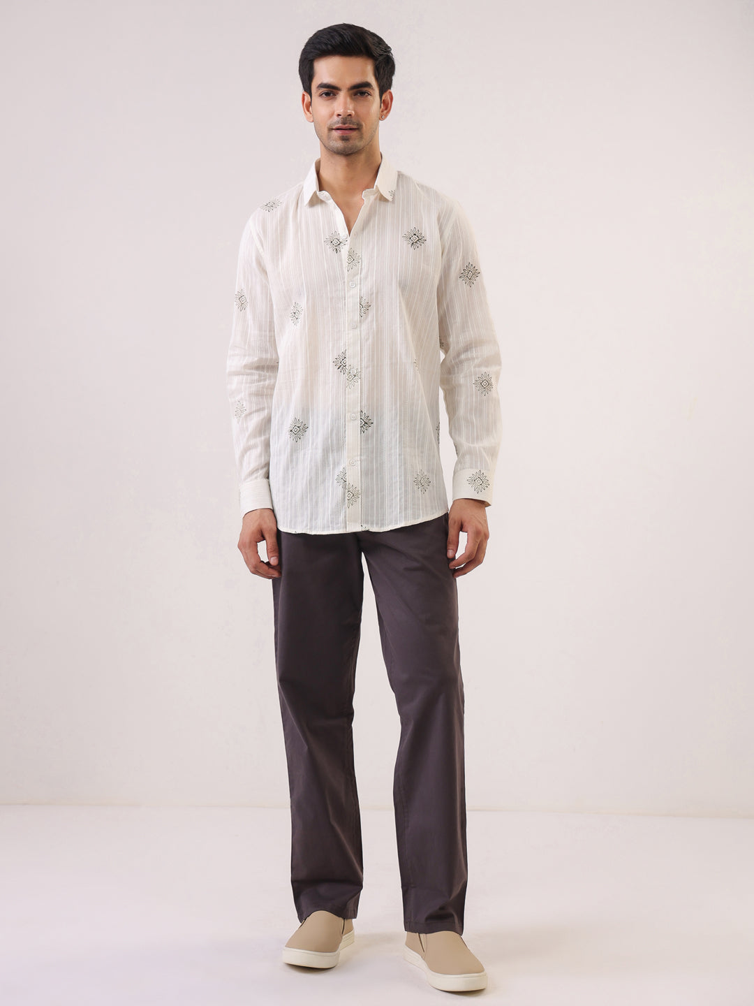 Men White Printed Band Collar Relaxed Fit Cotton Shirt
