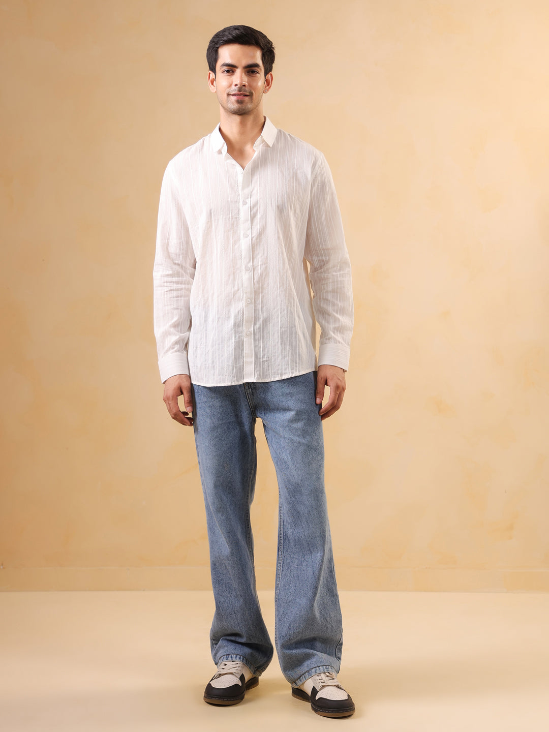 Men White Band Collar Solid Cotton Relaxed Fit  Shirt