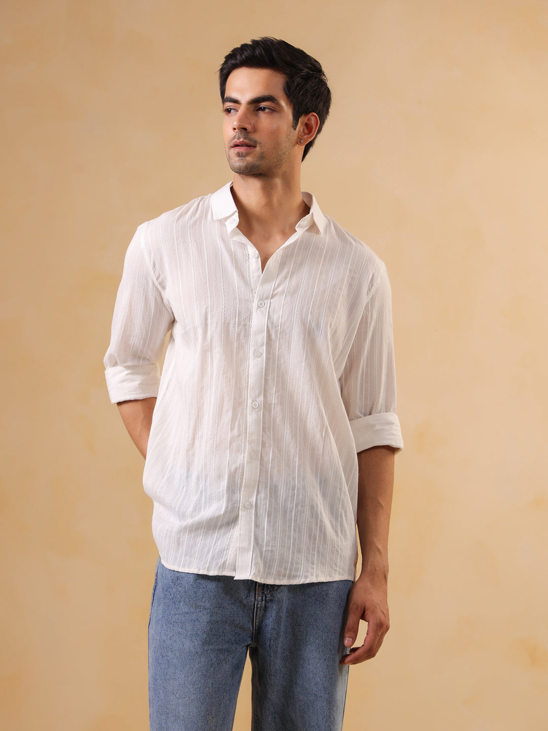 Men White Band Collar Solid Cotton Relaxed Fit  Shirt