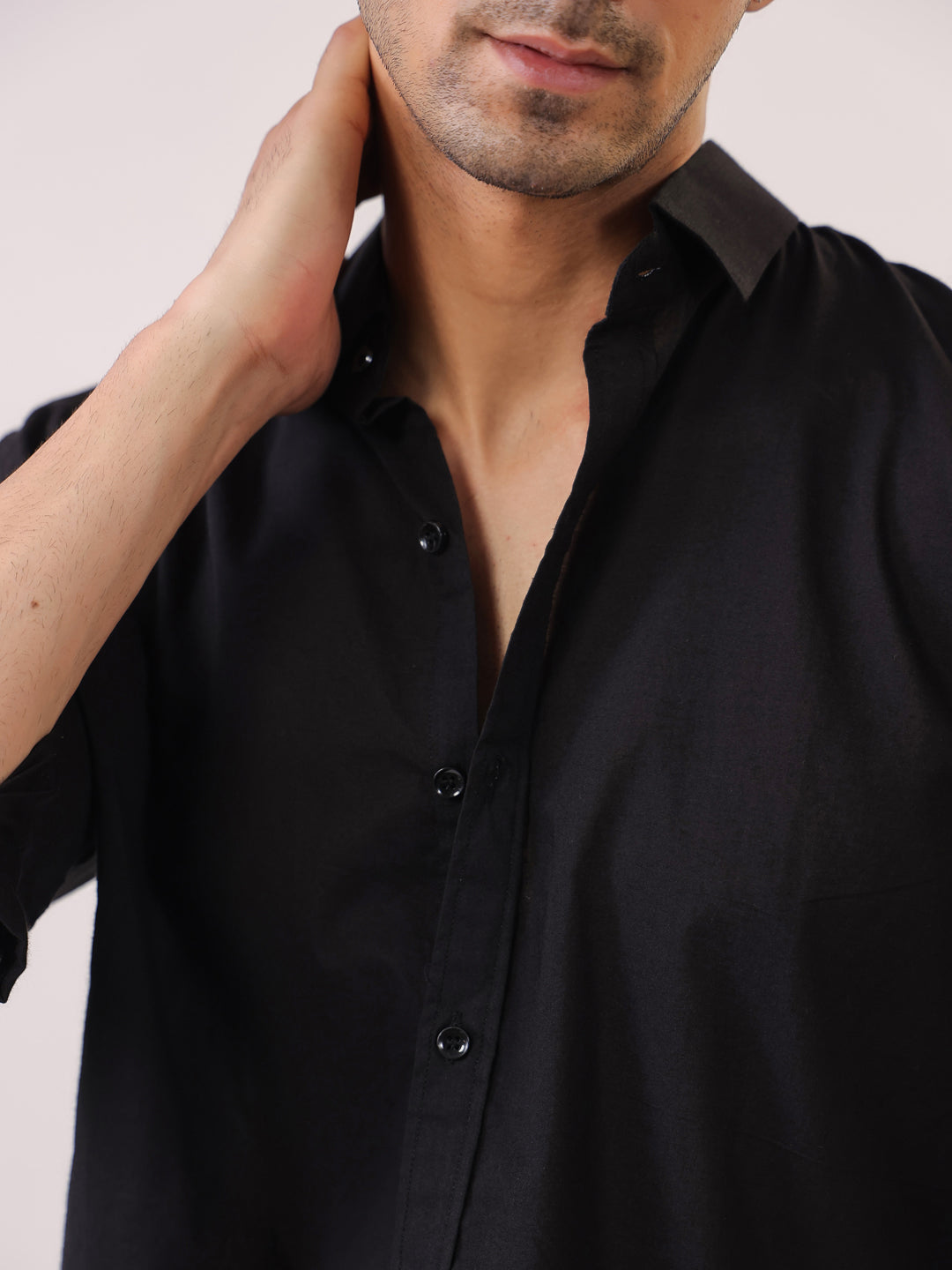 Men Black Band Collar Solid Relaxed Fit Cotton Shirt