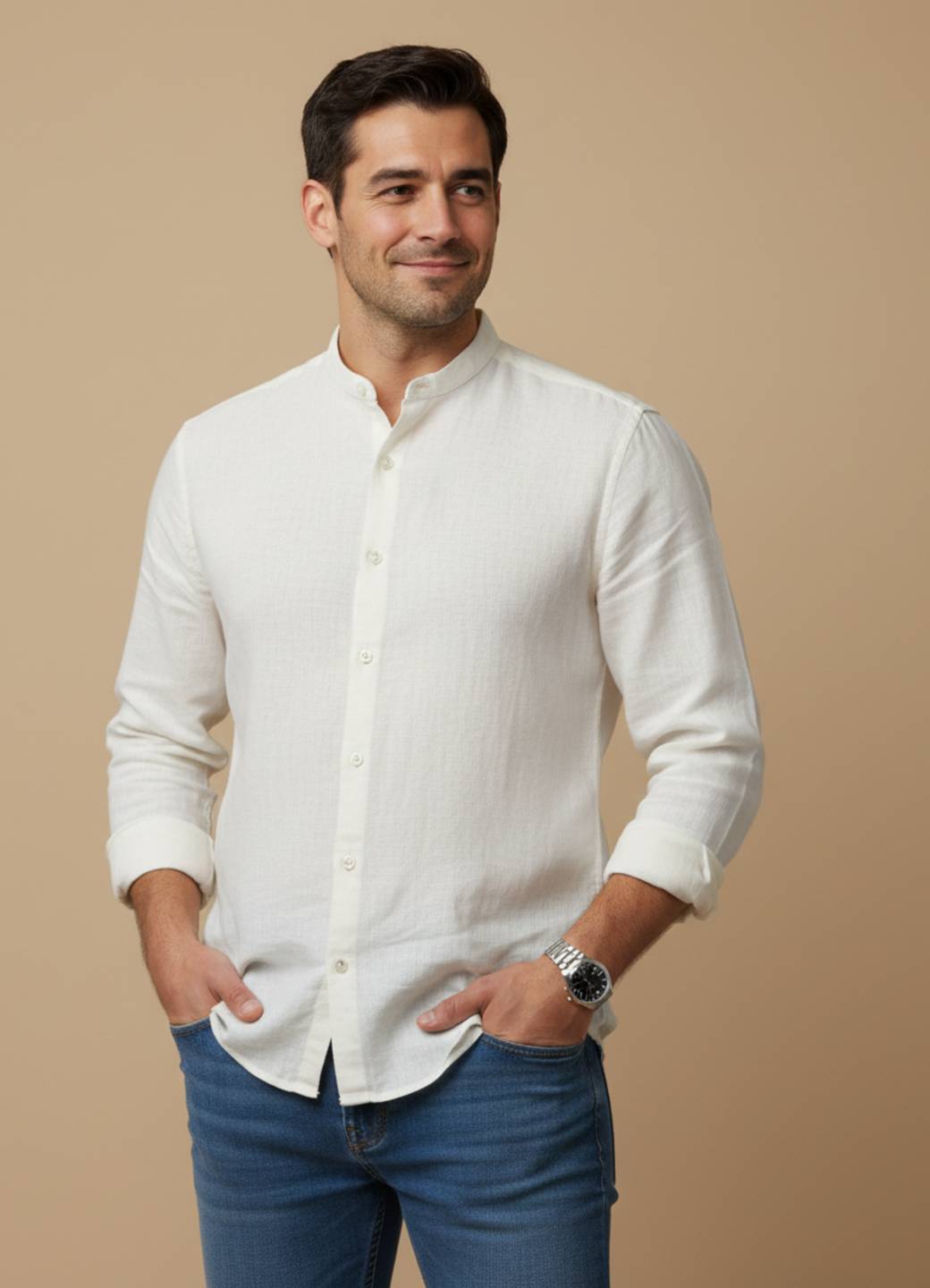 Men Off White Mandarin Collar Regular Fit Solid Cotton Shirt