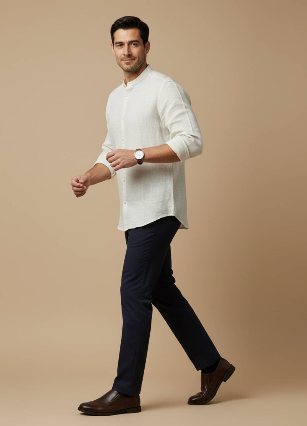 Men Off White Mandarin Collar Regular Fit Solid Cotton Shirt