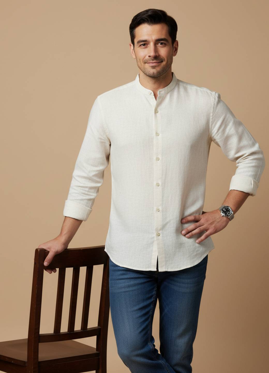 Men Off White Mandarin Collar Regular Fit Solid Cotton Shirt