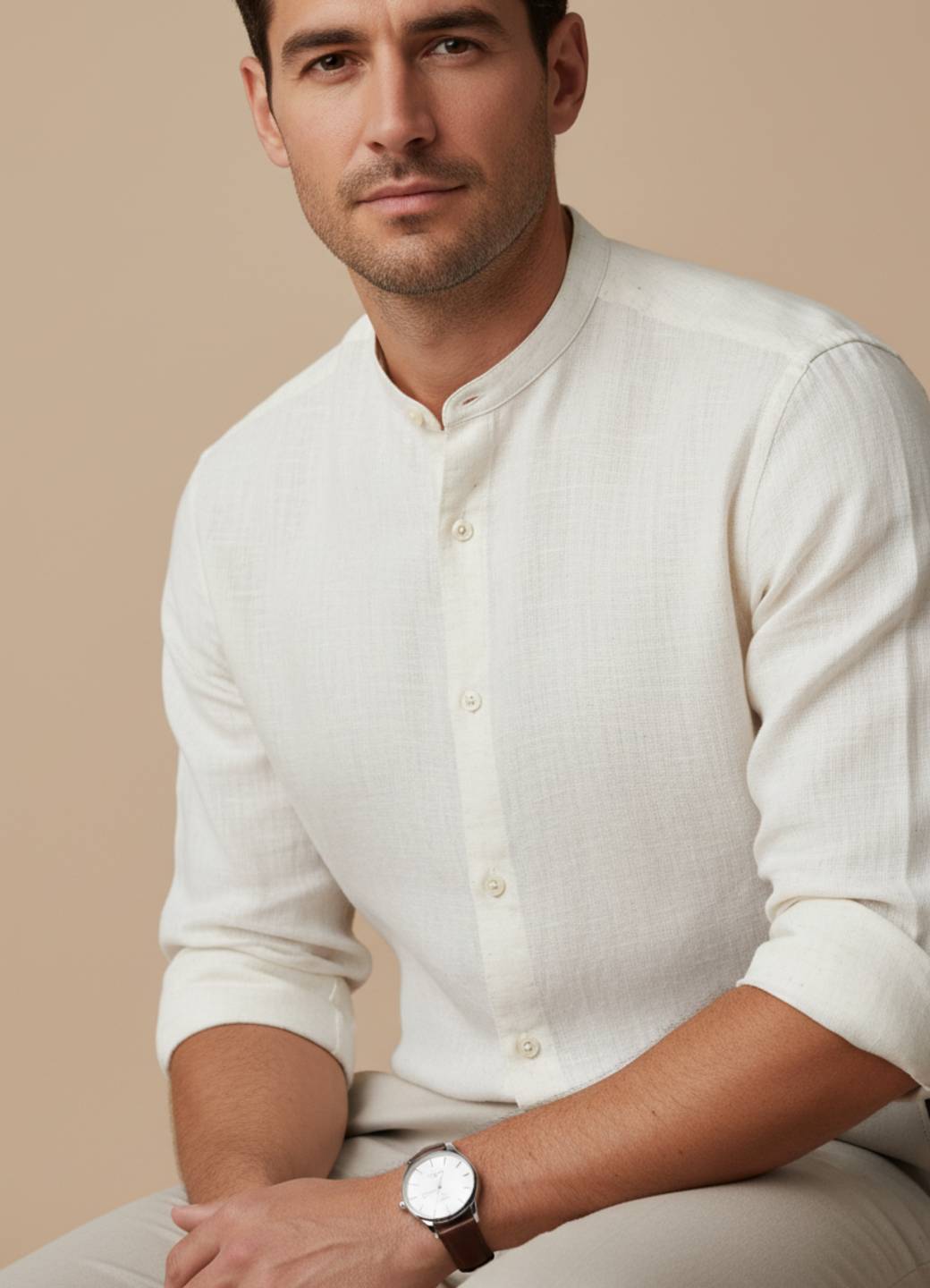 Men Off White Mandarin Collar Regular Fit Solid Cotton Shirt