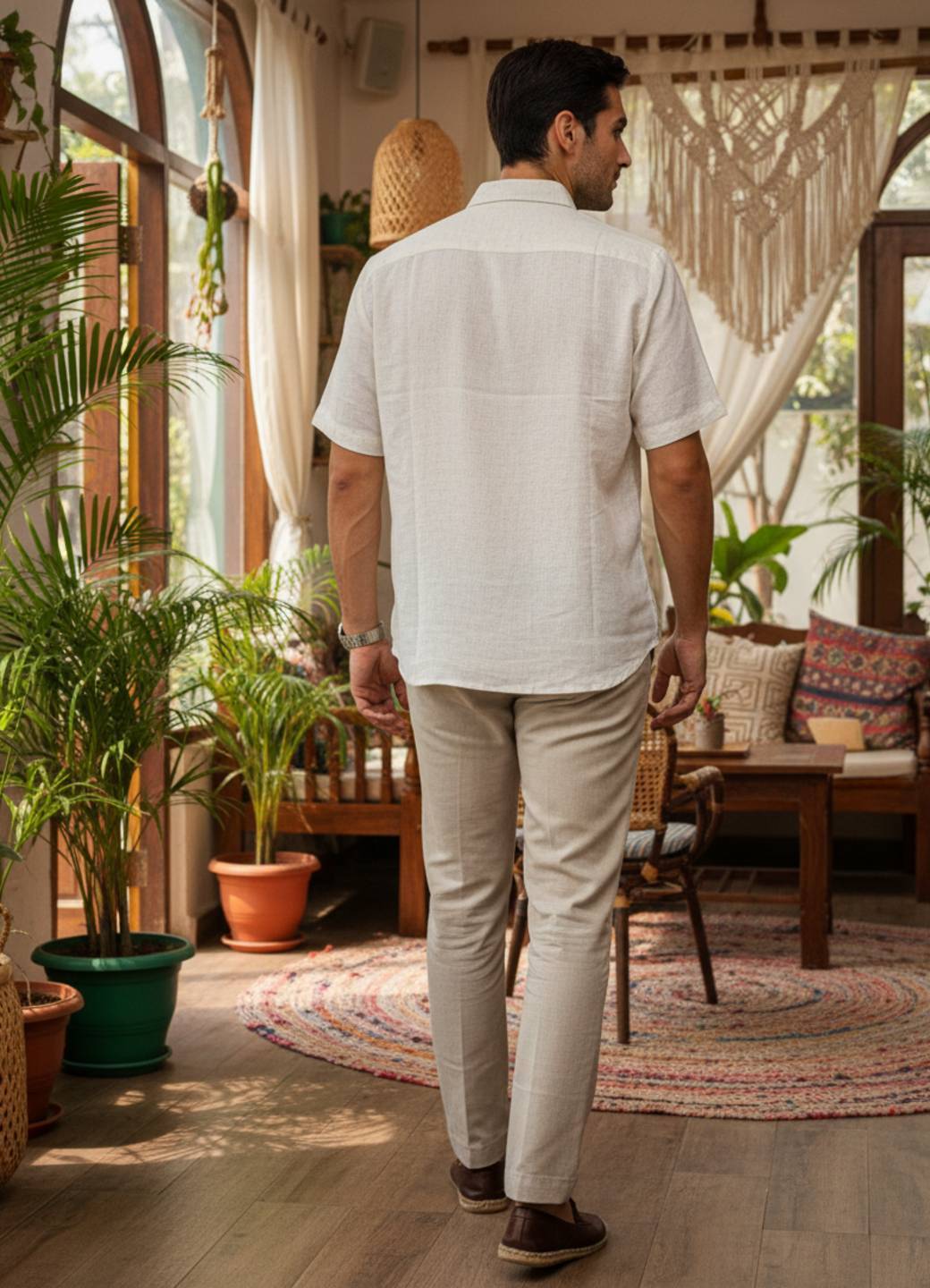 Men Off White Solid Regular Fit Cotton Shirt