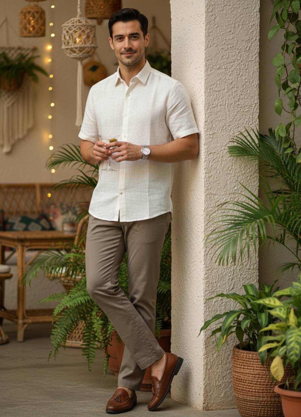 Men Off White Solid Regular Fit Cotton Shirt