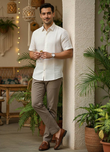 Men Off White Solid Regular Fit Cotton Shirt