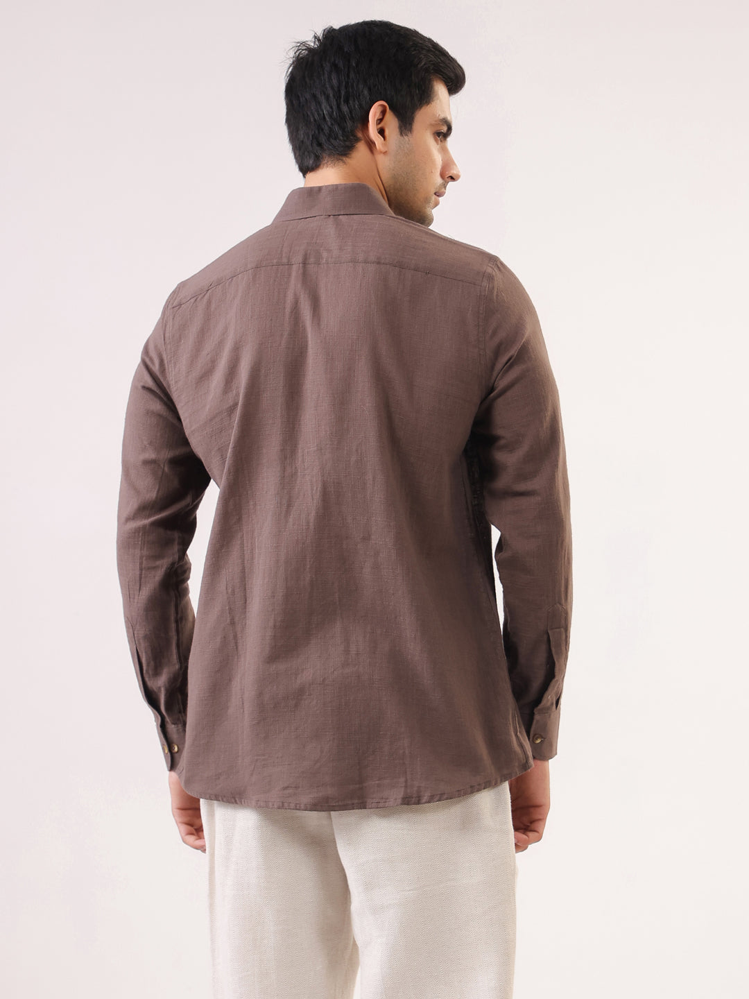 Men Taupe Solid Band Collar Long Sleeve Relaxed Fit Cotton Shirt