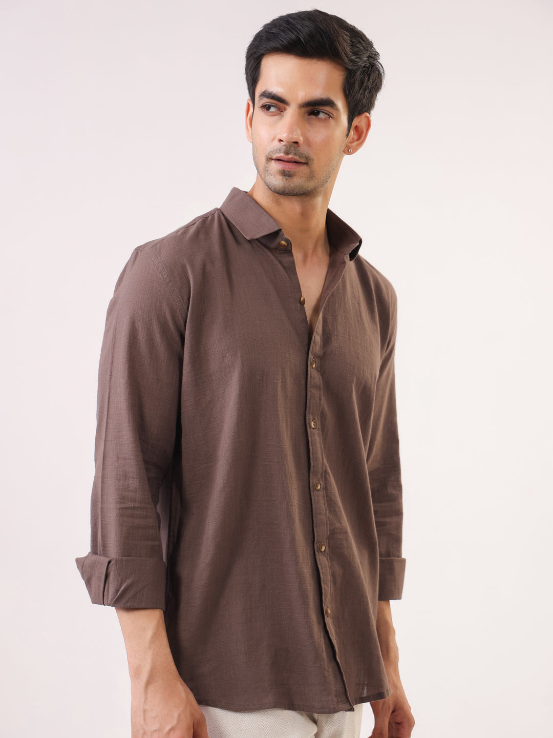 Men Taupe Solid Band Collar Long Sleeve Relaxed Fit Cotton Shirt