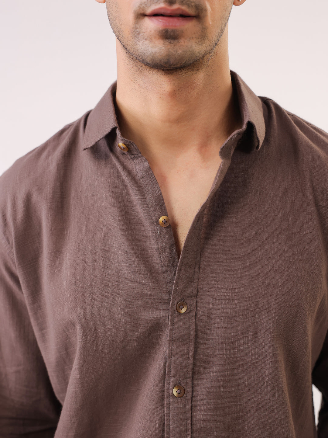 Men Taupe Solid Band Collar Long Sleeve Relaxed Fit Cotton Shirt