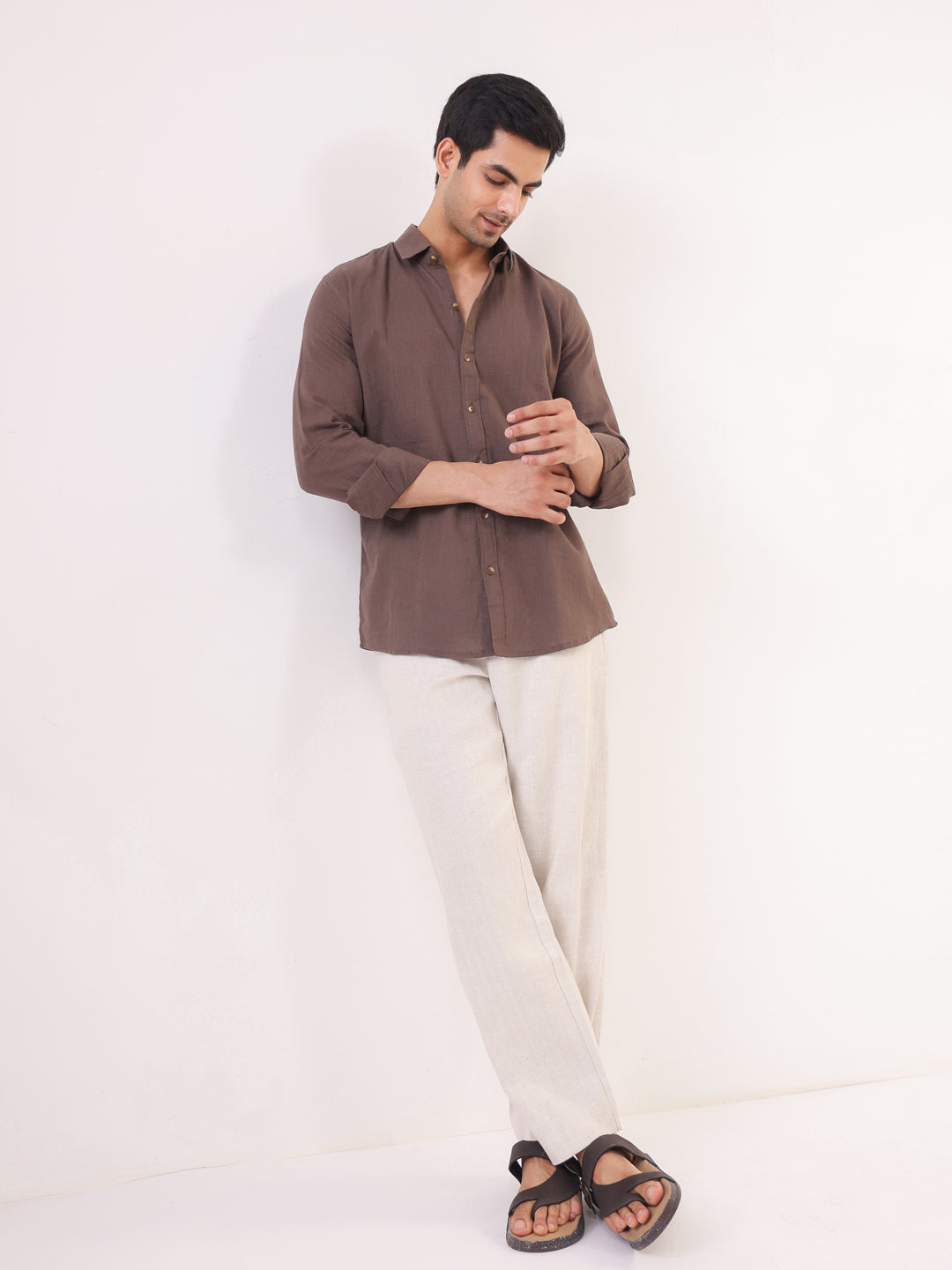 Men Taupe Solid Band Collar Long Sleeve Relaxed Fit Cotton Shirt