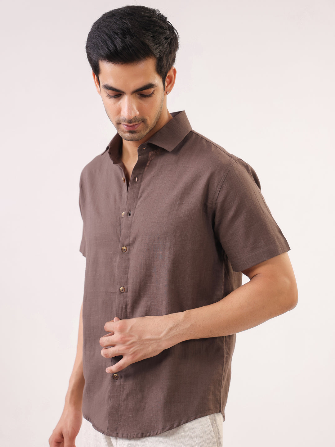 Men Taupe Solid Band Collar Short Sleeve Regular Fit Cotton Shirt