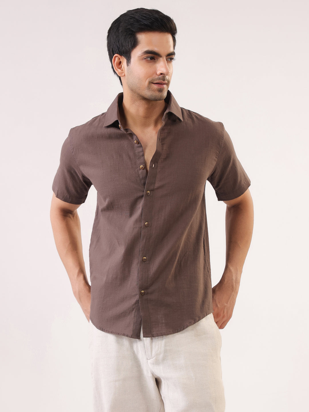 Men Taupe Solid Band Collar Short Sleeve Regular Fit Cotton Shirt