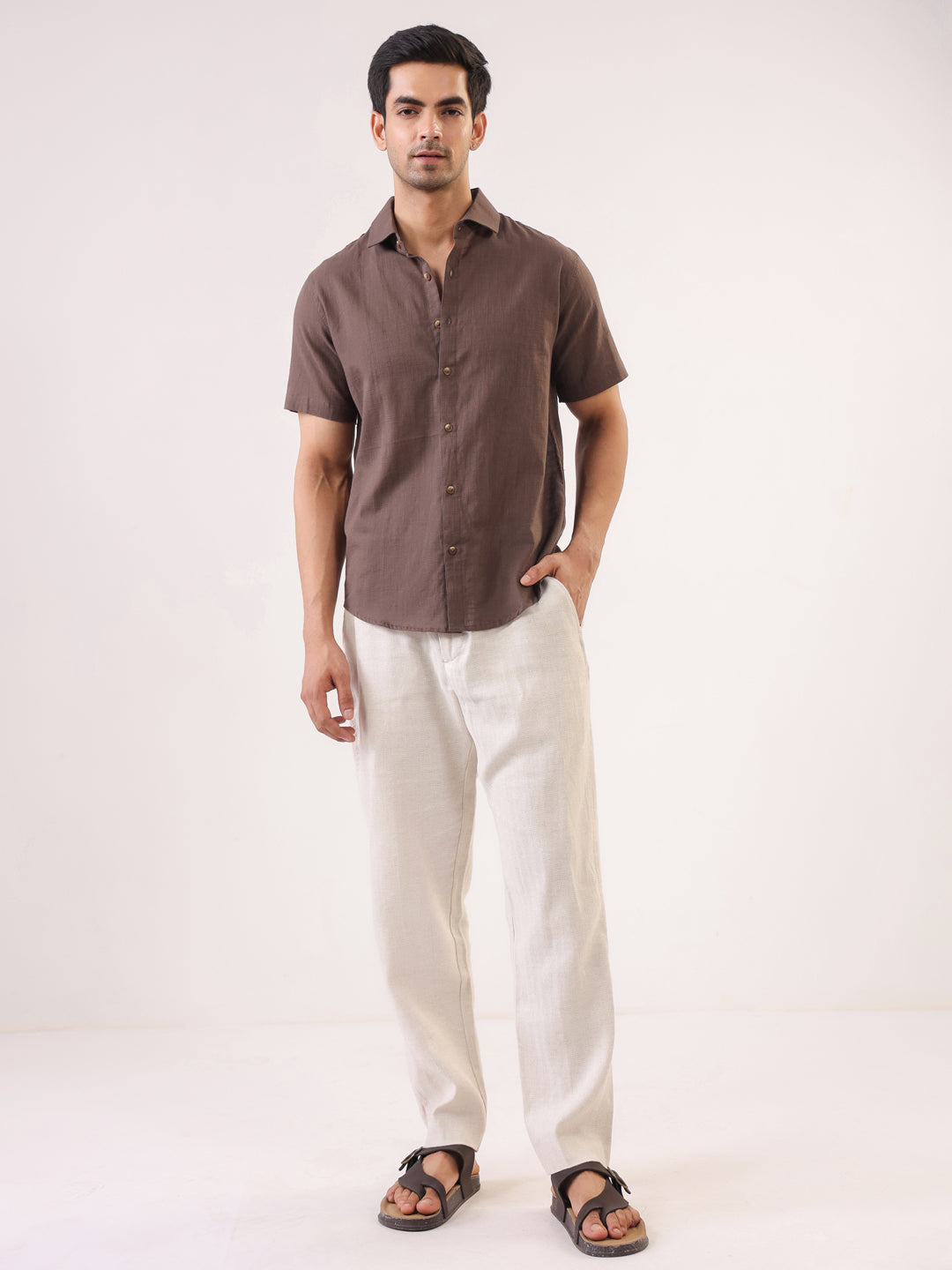 Men Taupe Solid Band Collar Short Sleeve Regular Fit Cotton Shirt