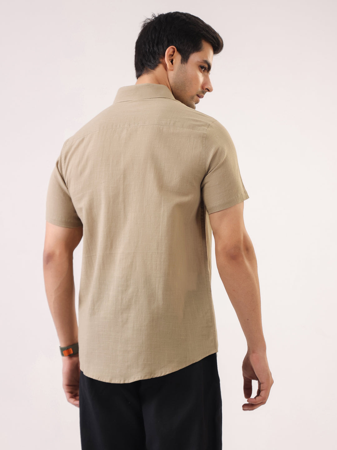 Men Beige Band Collar Short Sleeve Solid Regular Fit Cotton Shirt