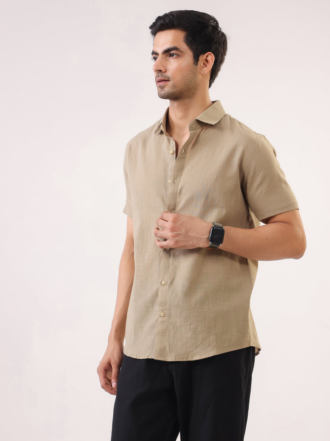 Men Beige Band Collar Short Sleeve Solid Regular Fit Cotton Shirt