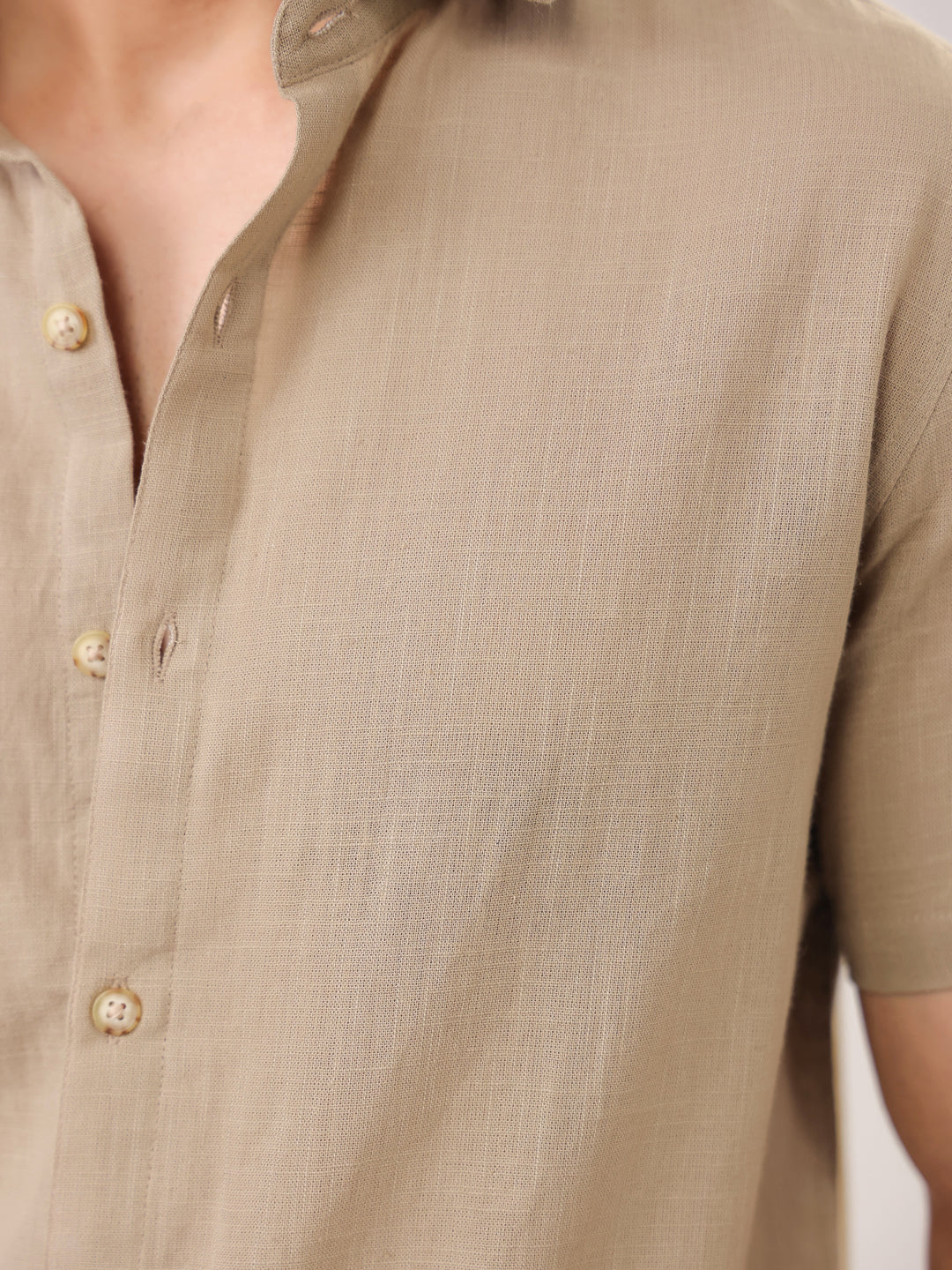 Men Beige Band Collar Short Sleeve Solid Regular Fit Cotton Shirt