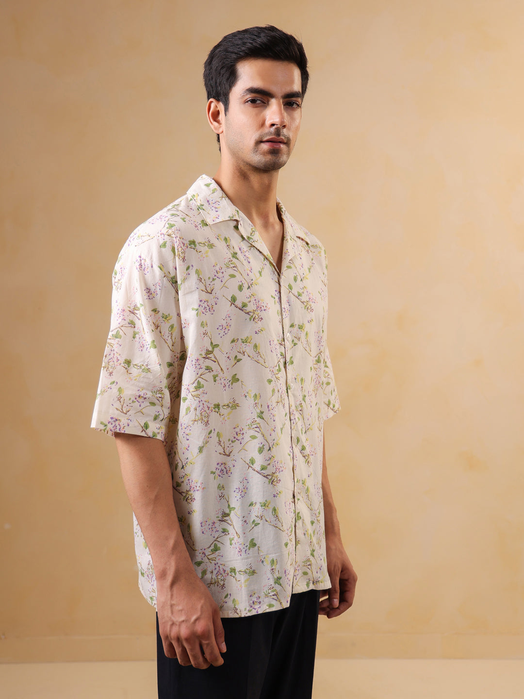 Men Off White Cuban Collar Half Sleeve Printed Oversized Cotton Shirt