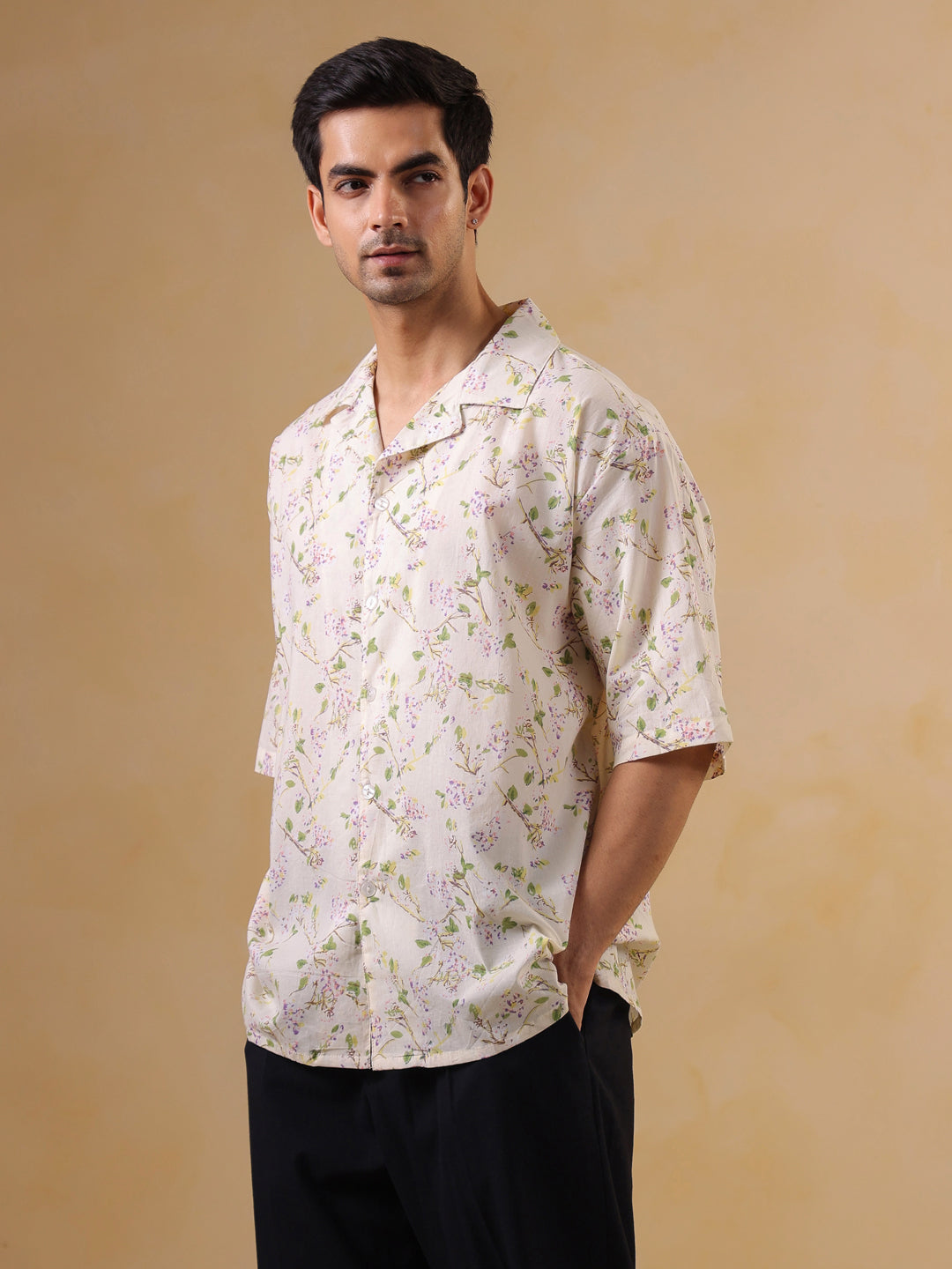 Men Off White Cuban Collar Half Sleeve Printed Oversized Cotton Shirt