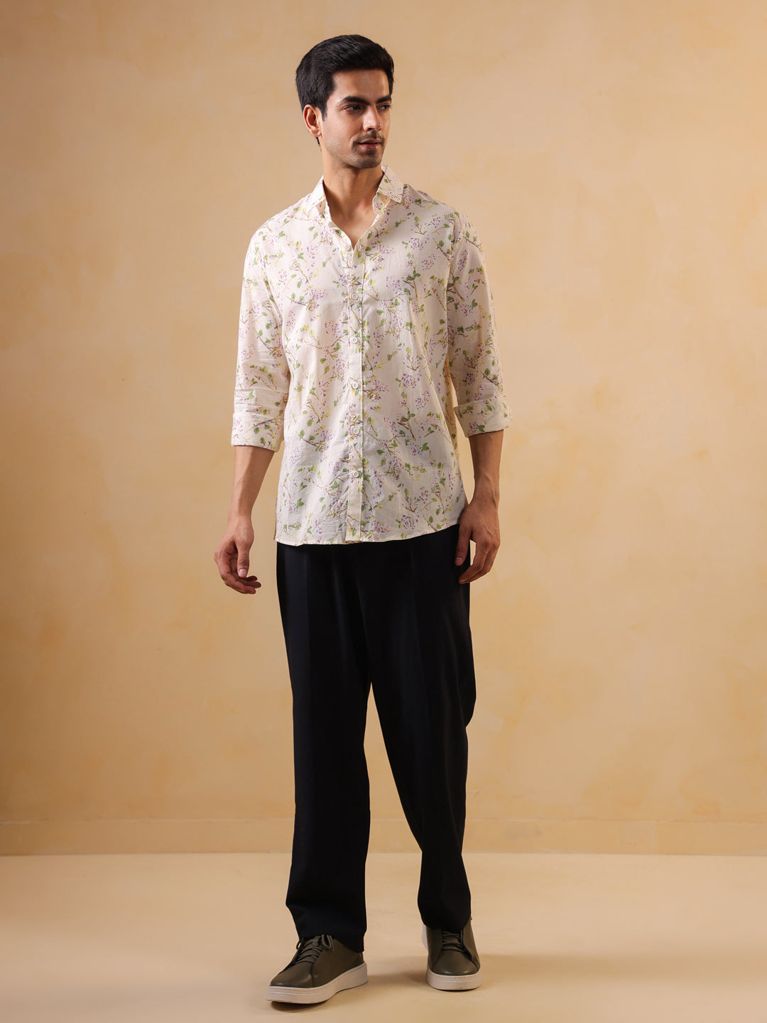 Men Off White Band Collar Long Sleeve Printed Relaxed Fit Cotton Shirt