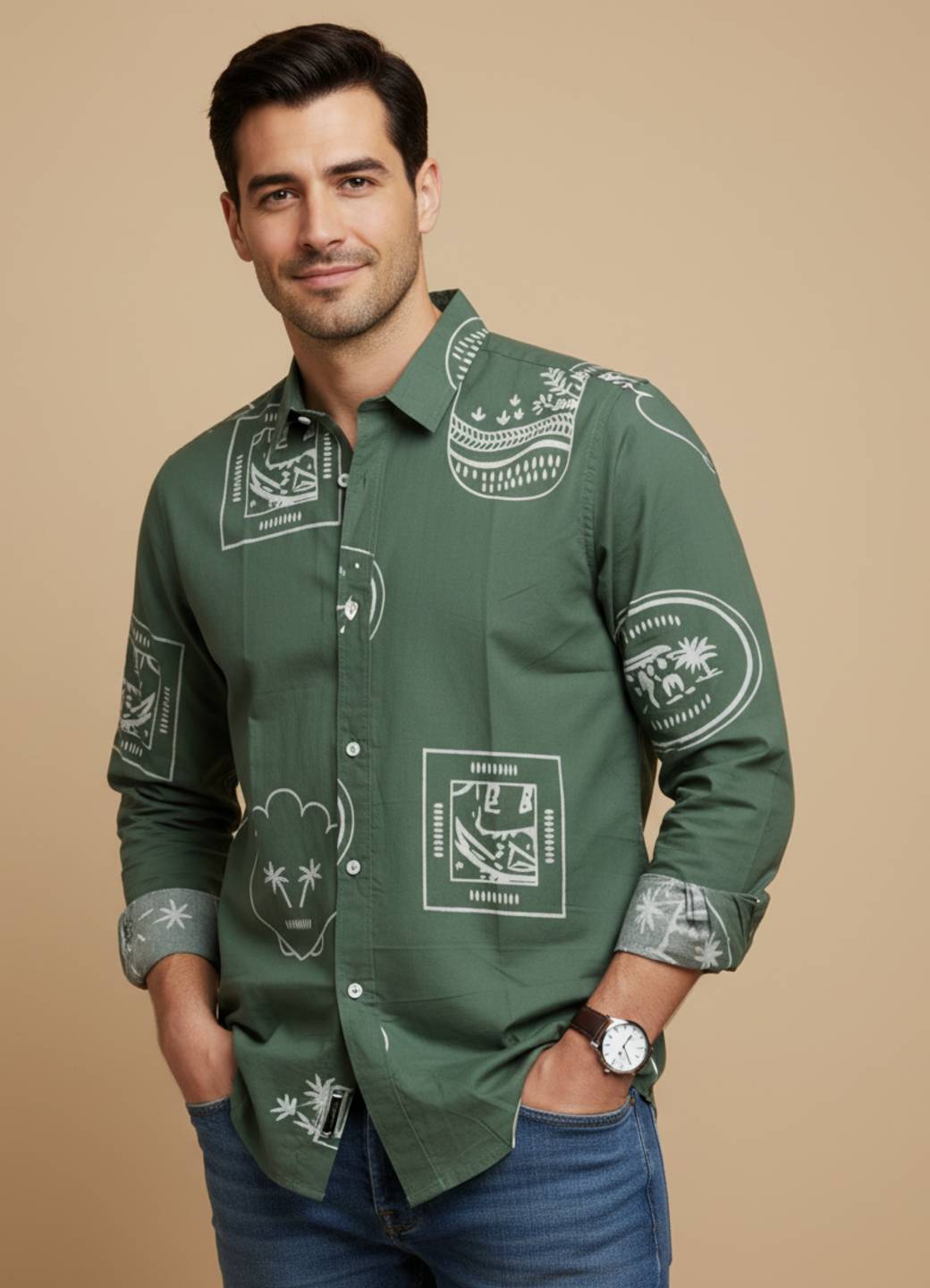 Men Sea Green Band Collar Floral Print Long Sleeve Relaxed Fit Cotton Shirt