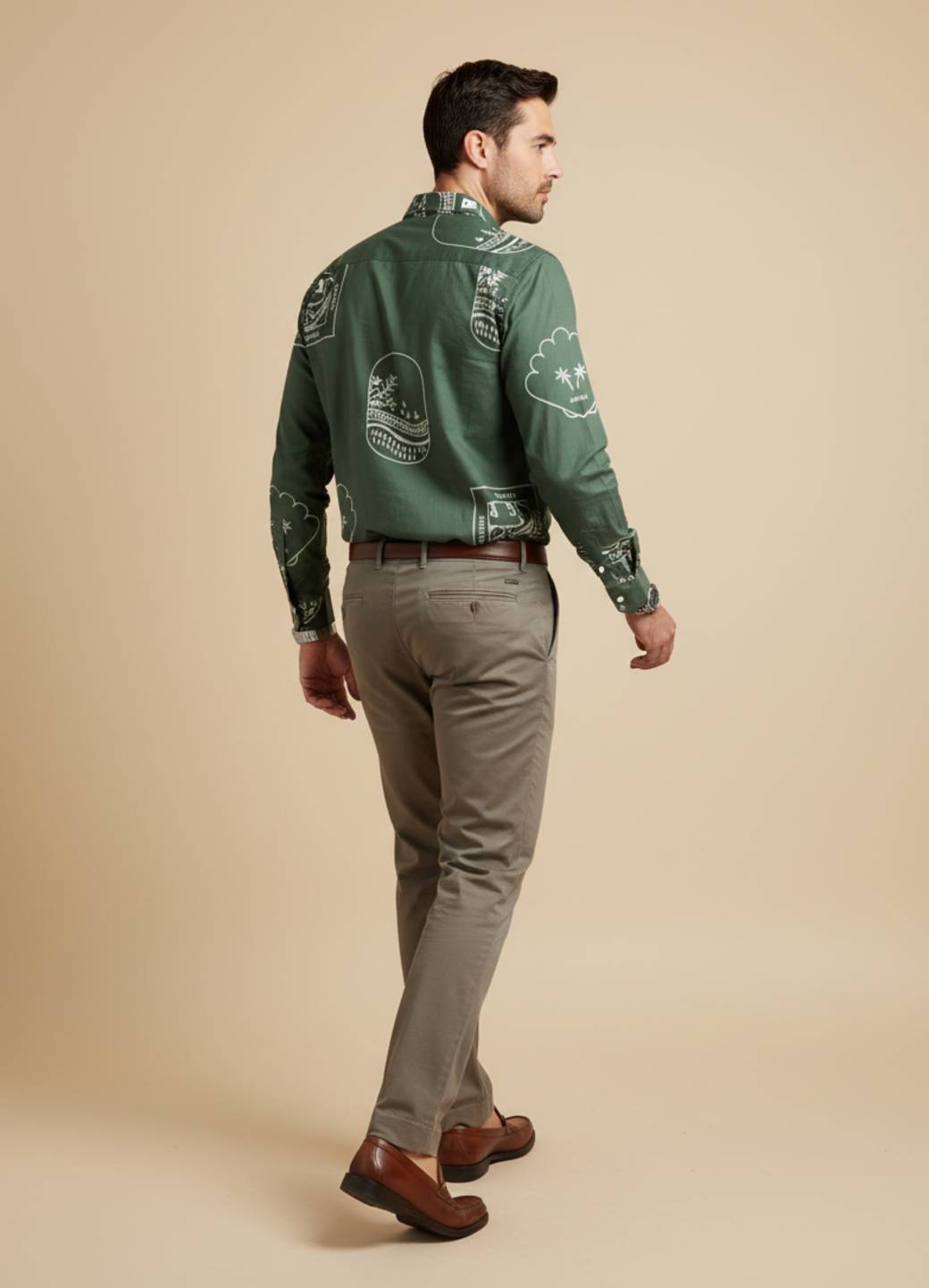 Men Sea Green Band Collar Floral Print Long Sleeve Relaxed Fit Cotton Shirt