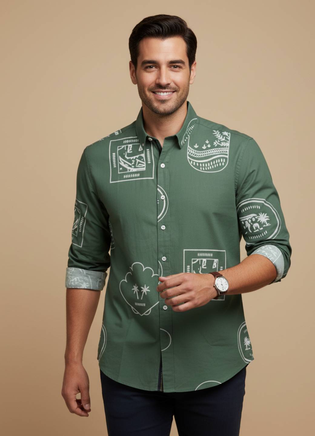 Men Sea Green Band Collar Floral Print Long Sleeve Relaxed Fit Cotton Shirt