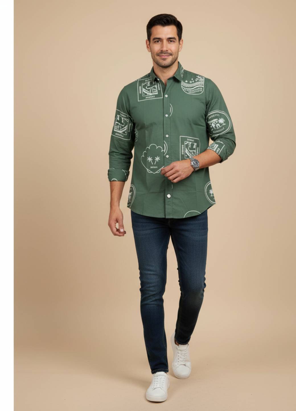 Men Sea Green Band Collar Floral Print Long Sleeve Relaxed Fit Cotton Shirt