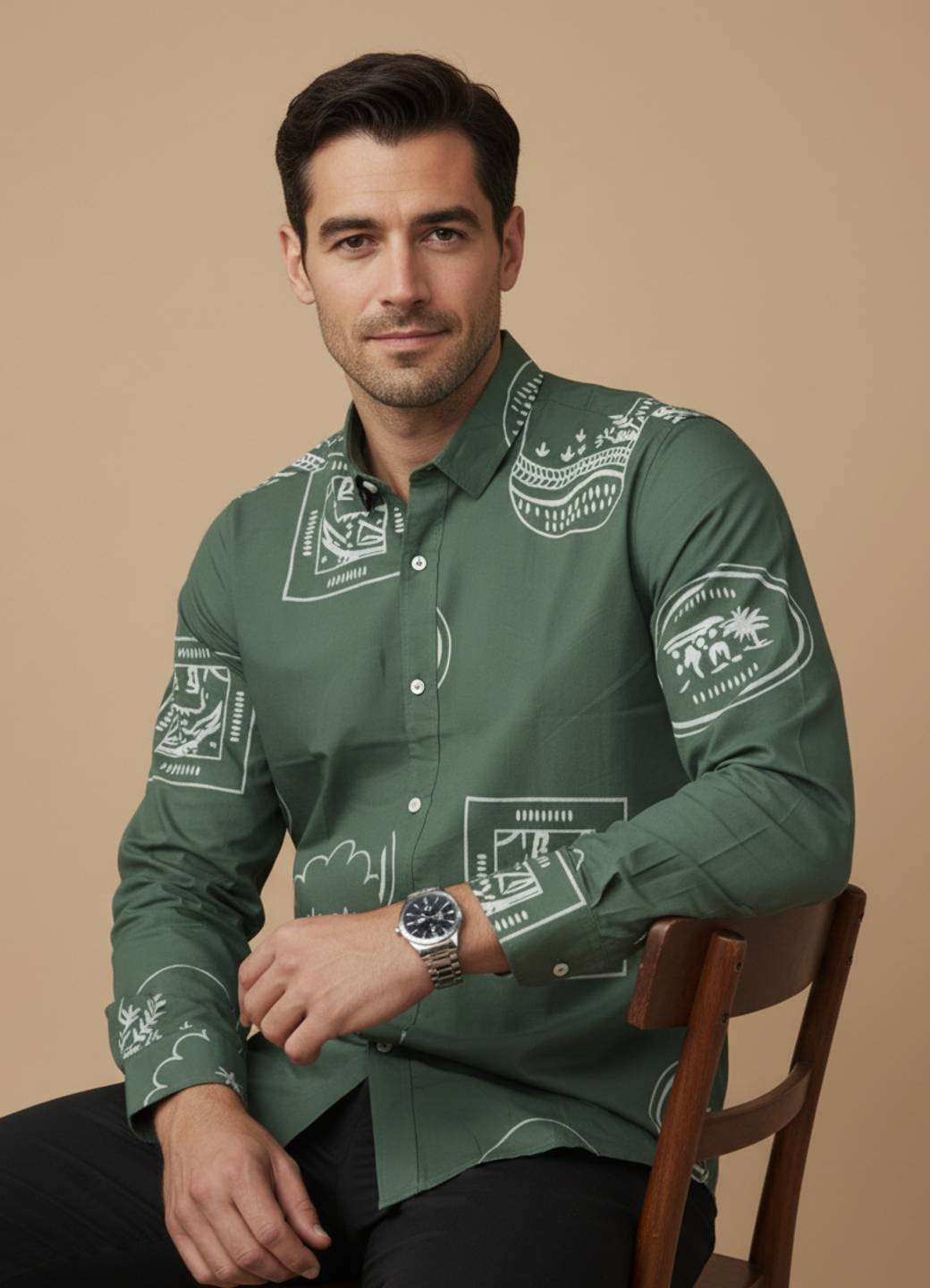 Men Sea Green Band Collar Floral Print Long Sleeve Relaxed Fit Cotton Shirt