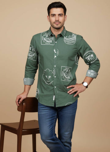 Men Sea Green Band Collar Floral Print Long Sleeve Relaxed Fit Cotton Shirt