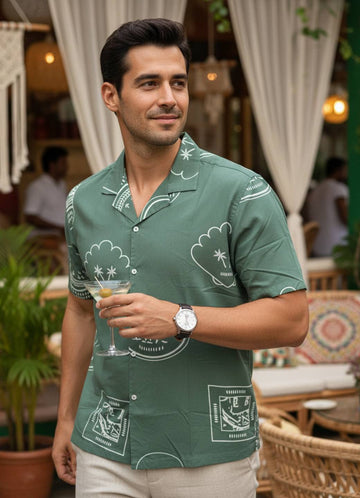 Men Sea Green Cuban Collar Short Sleeve Printed Regular Fit Cotton Shirt