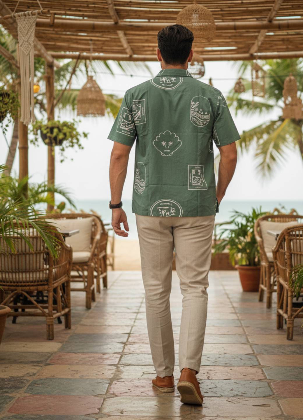 Men Sea Green Cuban Collar Short Sleeve Printed Regular Fit Cotton Shirt