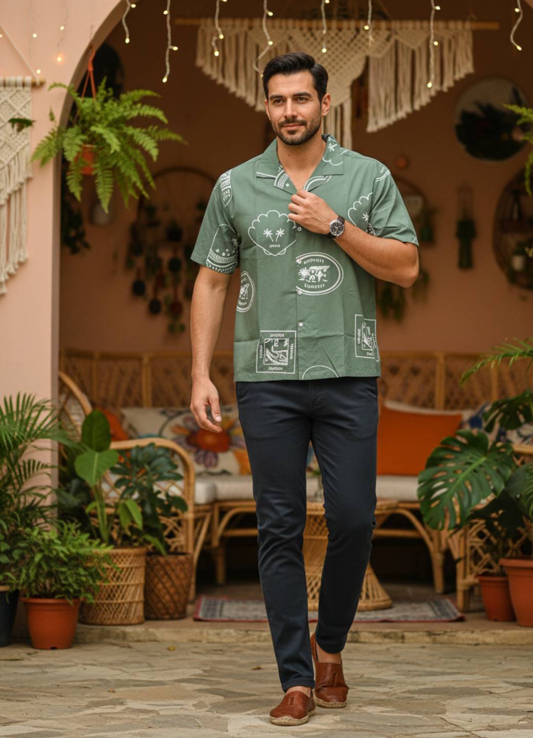 Men Sea Green Cuban Collar Short Sleeve Printed Regular Fit Cotton Shirt