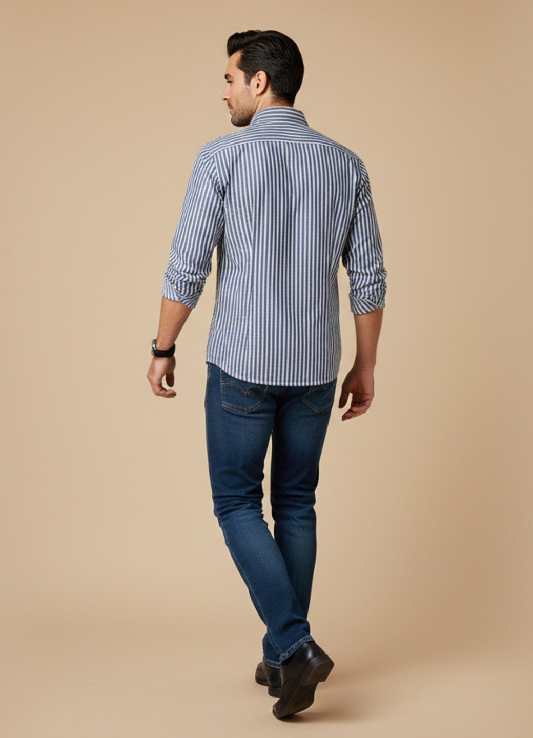 Men Blue Striped Band Collar Long Sleeve Regular Fit Cotton Shirt