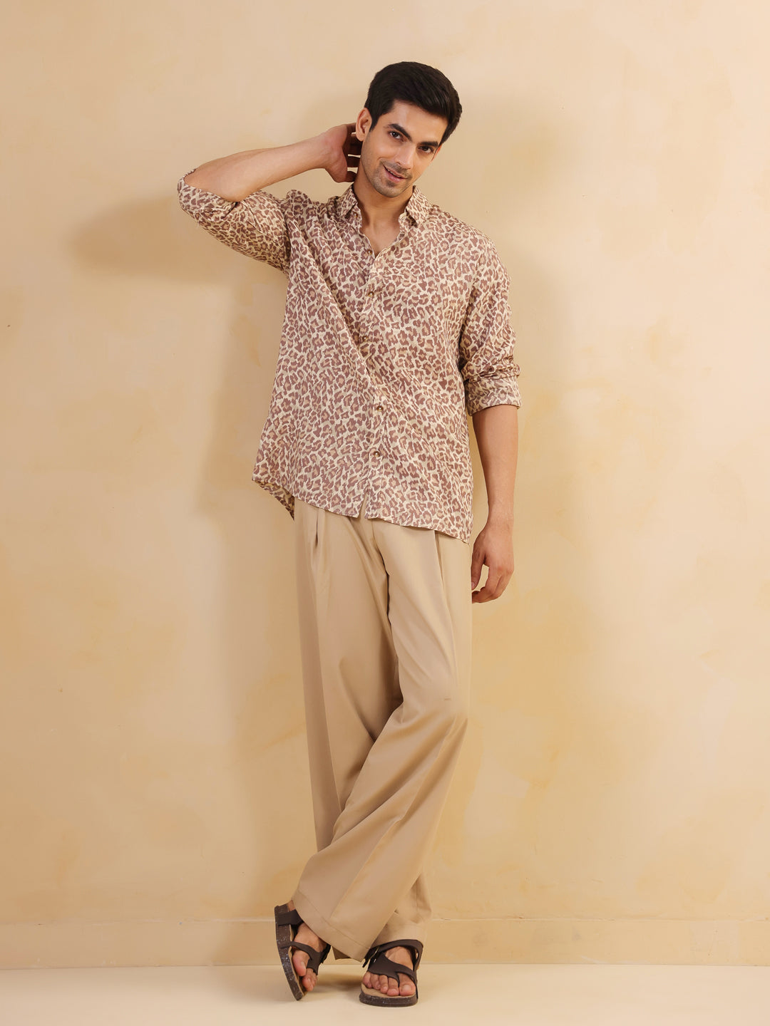 Men Brown Animal Print Band Collar Long Sleeve Relaxed Fit Cotton Shirt