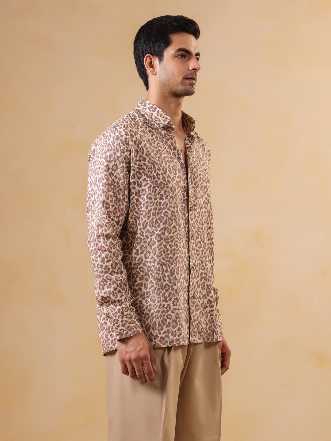 Men Brown Animal Print Band Collar Long Sleeve Relaxed Fit Cotton Shirt