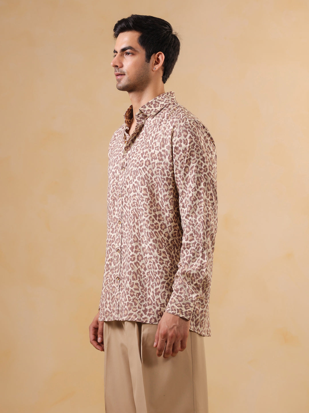 Men Brown Animal Print Band Collar Long Sleeve Relaxed Fit Cotton Shirt