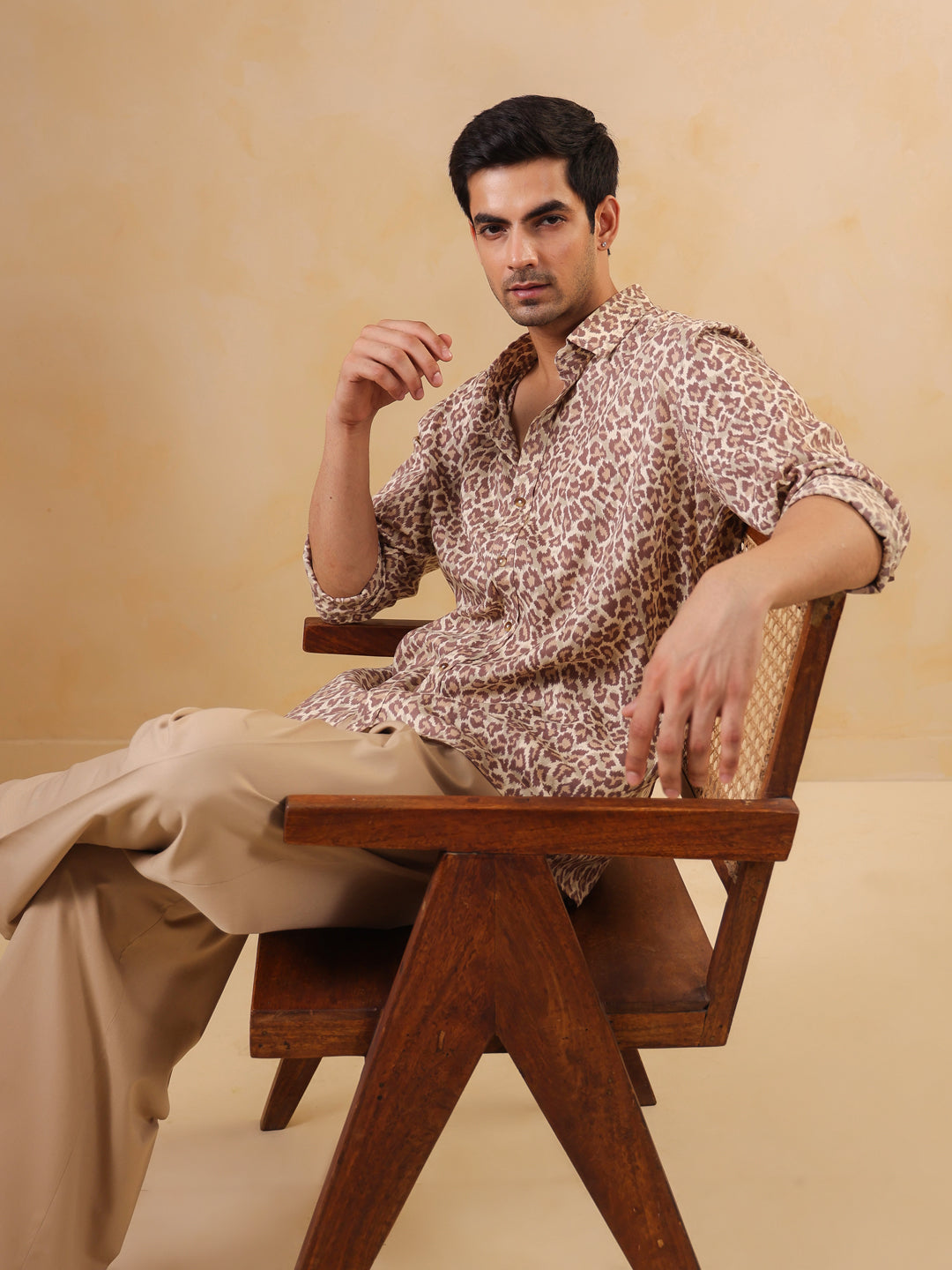 Men Brown Animal Print Band Collar Long Sleeve Relaxed Fit Cotton Shirt