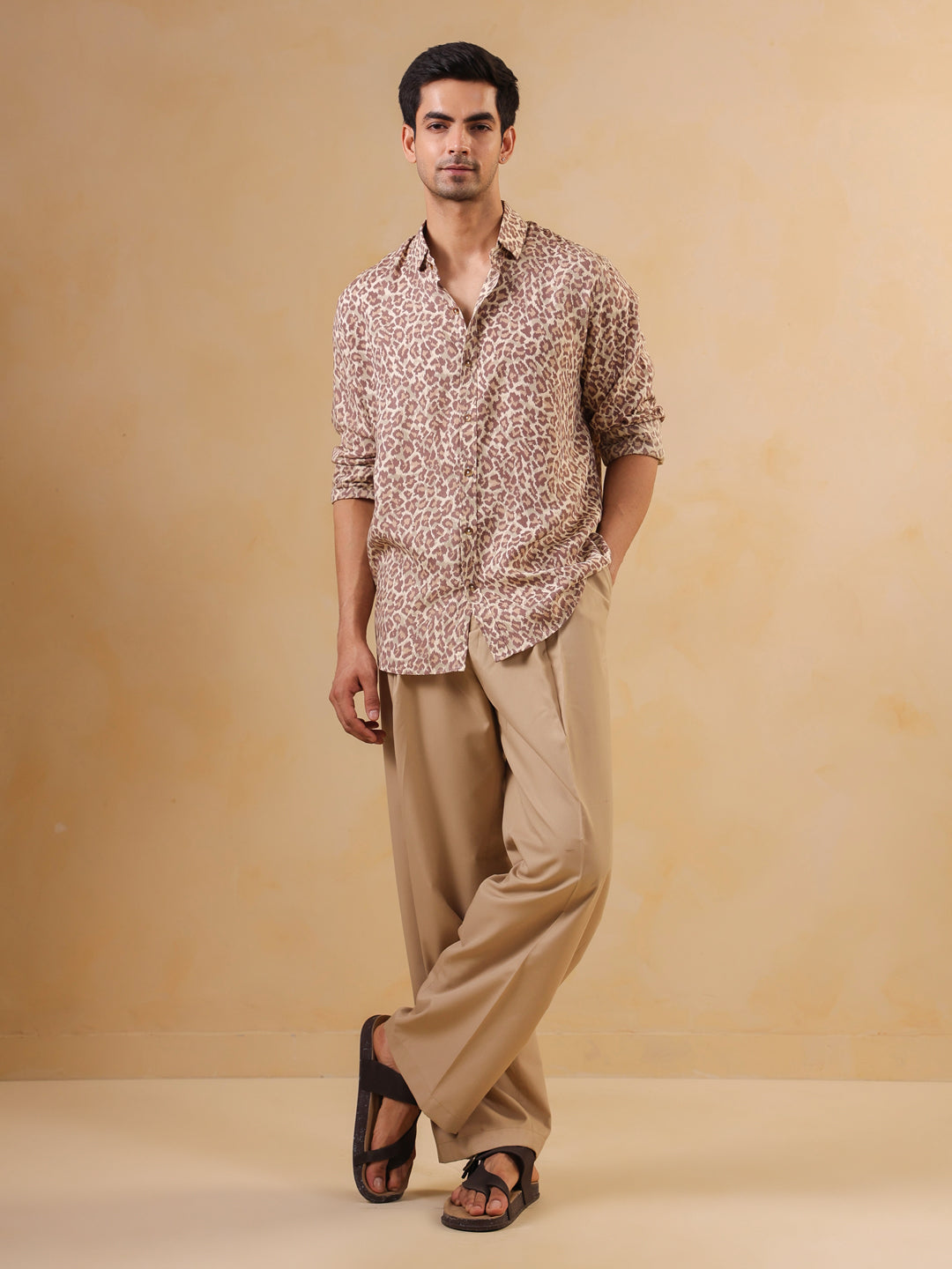 Men Brown Animal Print Band Collar Long Sleeve Relaxed Fit Cotton Shirt