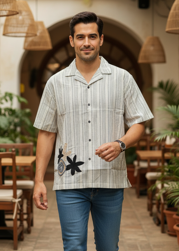 Men’s Relaxed Fit Striped Resort Shirt with Embroidered Detail