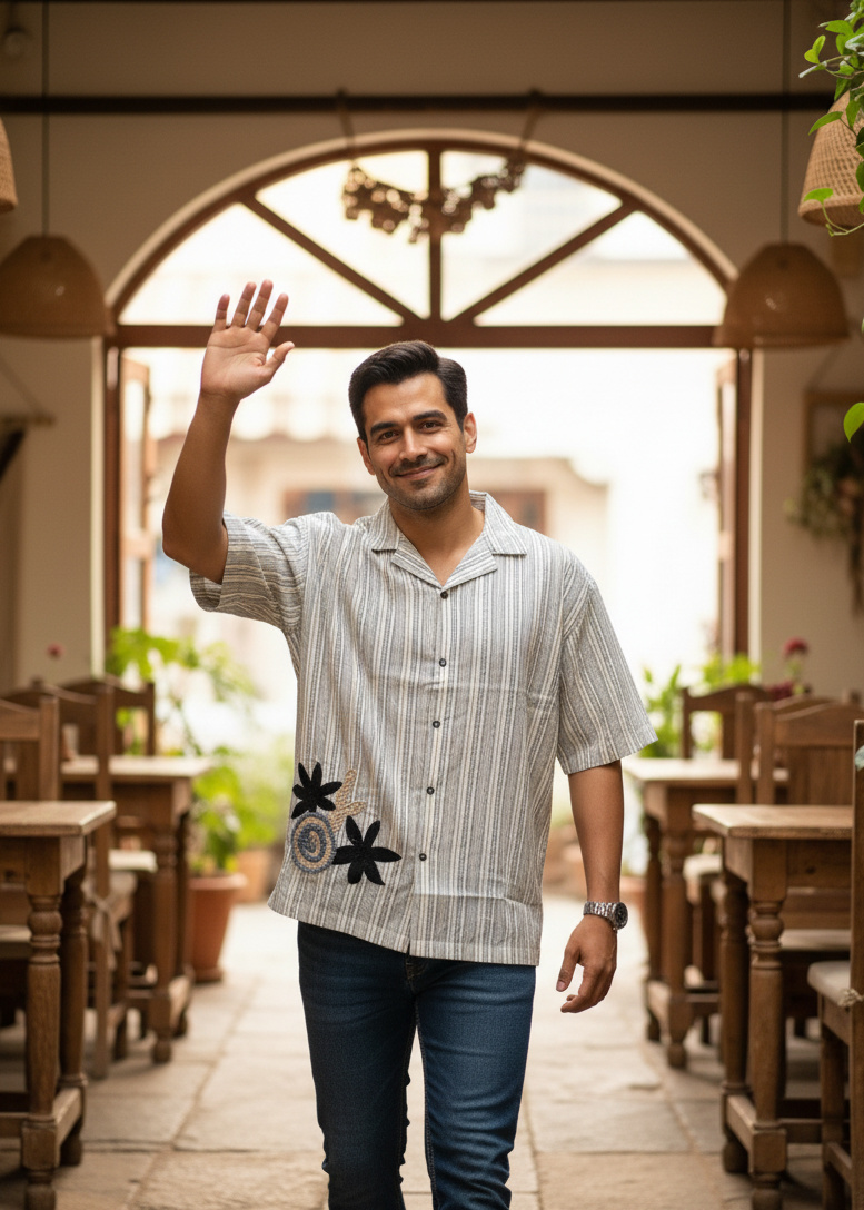 Men’s Relaxed Fit Striped Resort Shirt with Embroidered Detail