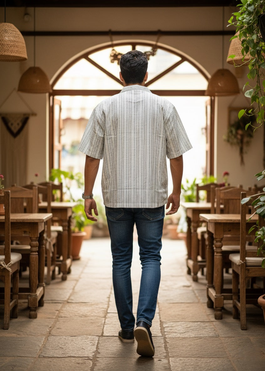 Men Off White Cuban Collar Short Sleeve Striped Relaxed Fit Cotton Shirt